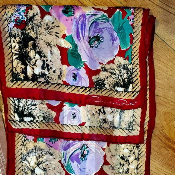 Vintage Oscar de la Renta Scarf, Floral, Silk, Rectangular, Red Purple Flowers - Picture 1 of 4